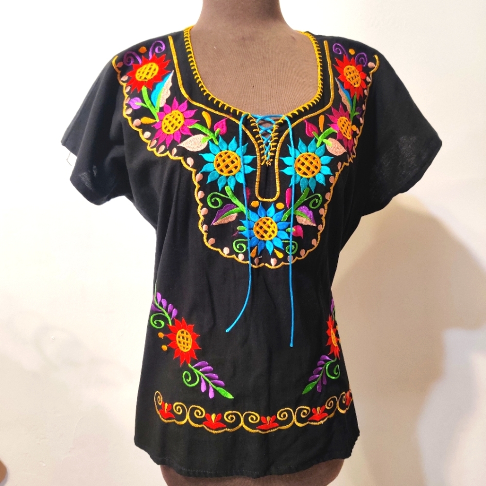 Black Tunic Blouse Bright Floral Embroidery
